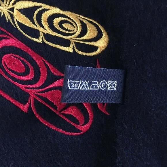 100% Wool Native Motifs Scarf Black 12" * 76" Embroidery Applique Long Fringe - Picture 4 of 5